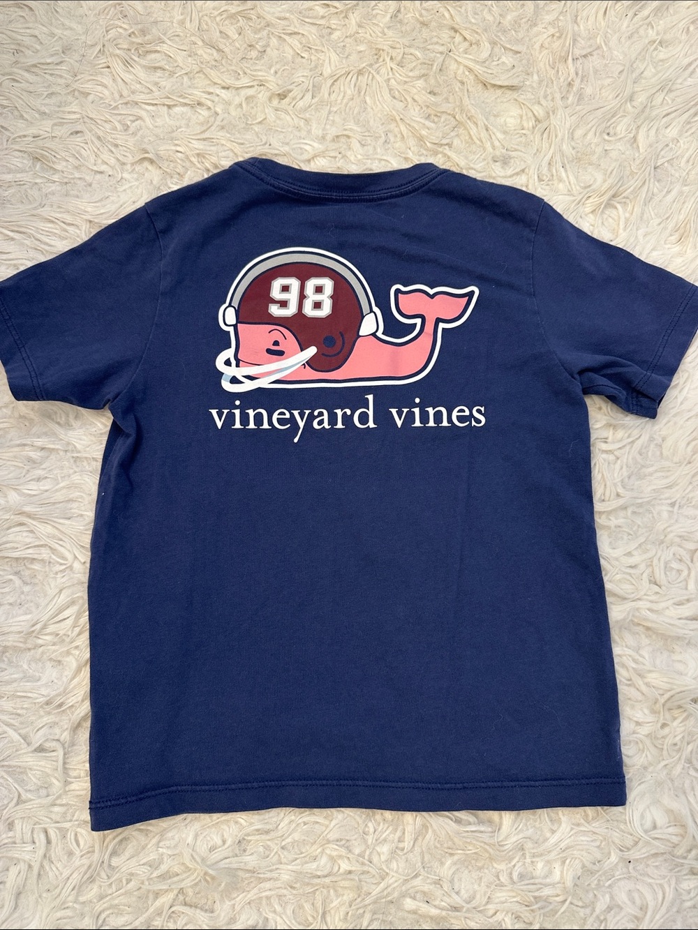 Vineyard Vines Navy Tee with Pink Whale Football Graphic